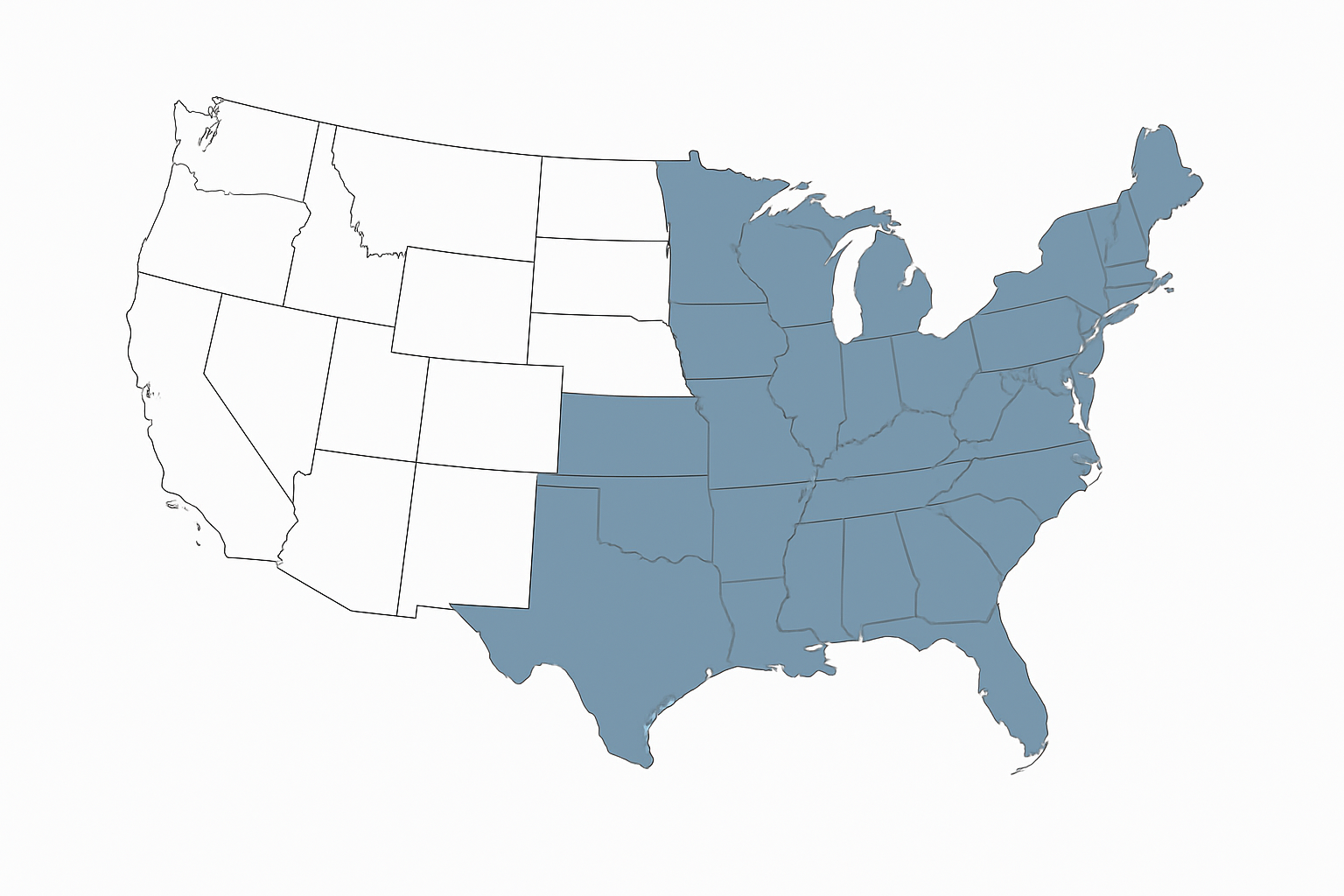 East Logging service-area map, with coverage shaded across parts of the central and eastern United States; confirm availability for your project location